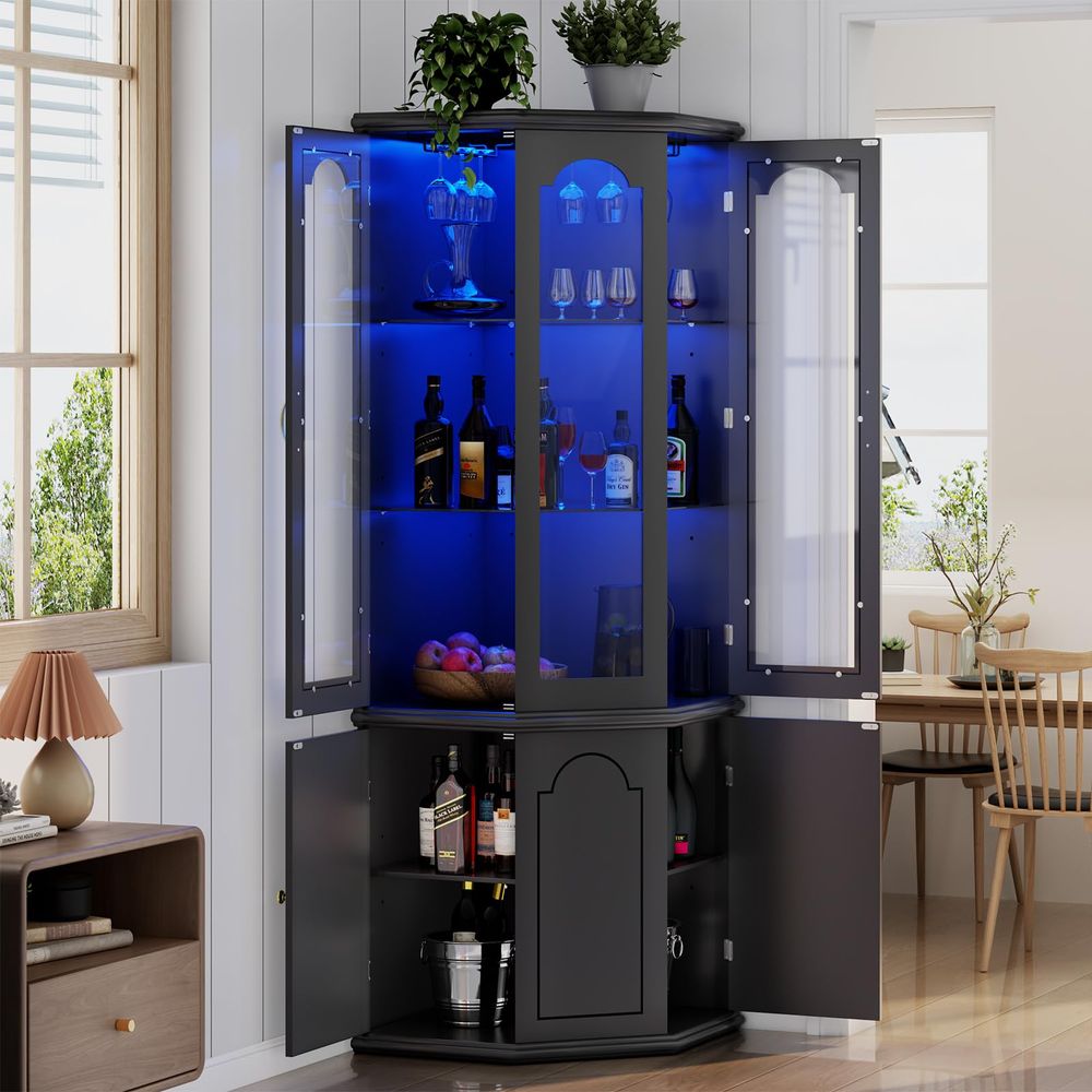 Corner Bar Cabinet w LED Light - Home Bar And Cabinet 评论和价格